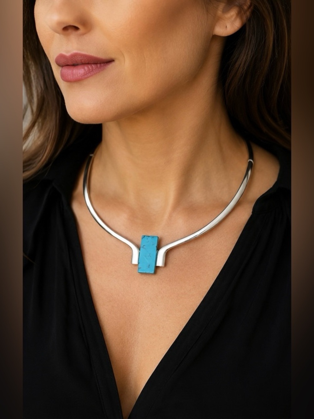 Vintage Turquoise Stone Silver Hinged Collar Necklace Statement Choker Adjust